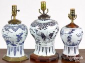 THREE DELFT BLUE AND WHITE TABLE LAMPS,