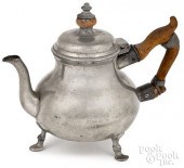 ENGLISH QUEEN ANNE FOOTED PEWTER TEAPOT,