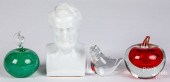 THREE GLASS PAPERWEIGHTS AND A BUST