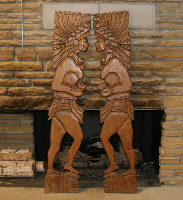 Pair hand carved wooden Inca figure wall