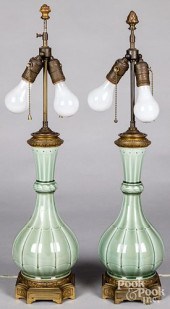 PAIR OF CELADON TABLE LAMPS, INITIALED