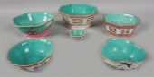 SIX CHINESE SHAPED BOWLS WITH AQUA-PAINTED