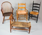 GROUP OF THREE CHAIRS AND A RUSH BENCHGROUP