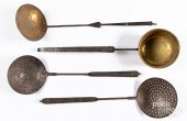 FOUR LARGE WROUGHT IRON AND BRASS LADLES/DIPPERSFour