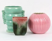 Three piece art pottery lot: Bauer pink