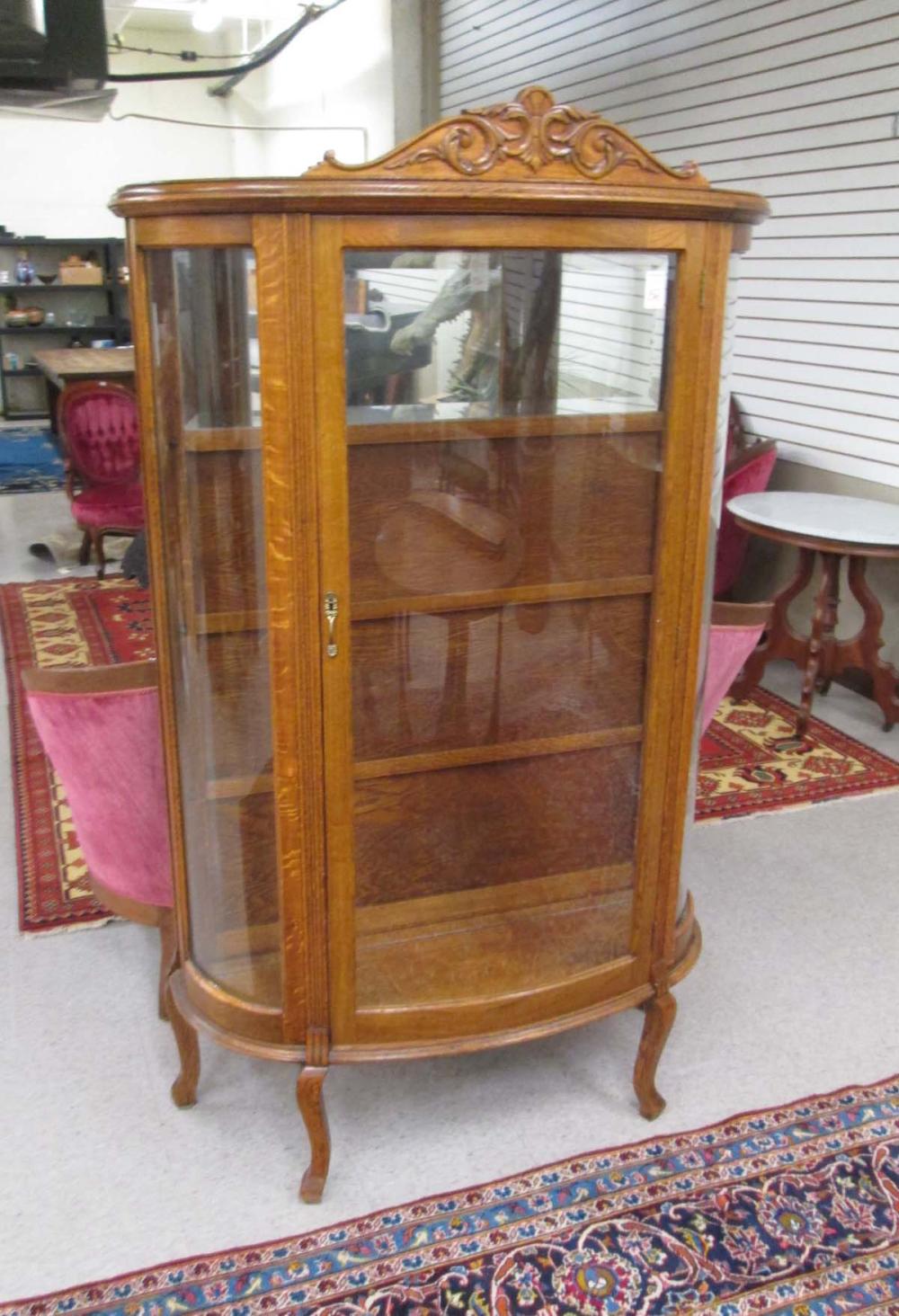 LATE VICTORIAN OAK AND CURVED GLASS 315c18