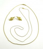 PAIR OF GOLD EARRINGS AND TWO GOLD CHAINS: