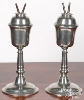 PAIR OF LARGE PEWTER WHALE OIL LAMPS,