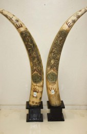 A LARGE PAIR OF CHINESE CARVED AND SCRIMSHAW