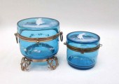 TWO MARY GREGORY GLASS DRESSER BOXES,