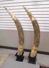 PAIR OF CHINESE CARVED BONE TUSKS, SCRIMSHAW