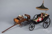 WOOD DOLL WAGON, WITH CAST IRON WHEELS,