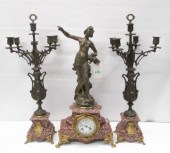 THREE-PIECE SPELTER AND ROSE MARBLE