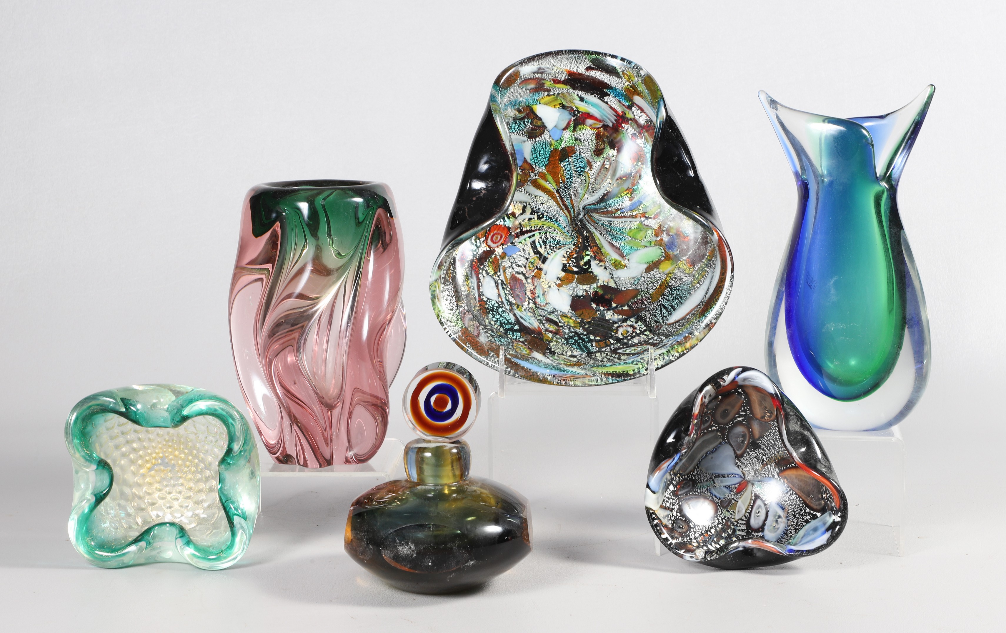 (6) Art glass vases, dishes, scent