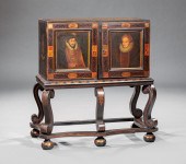 PAINTED AND PARCEL GILT CABINET ON STANDElizabethan-Style