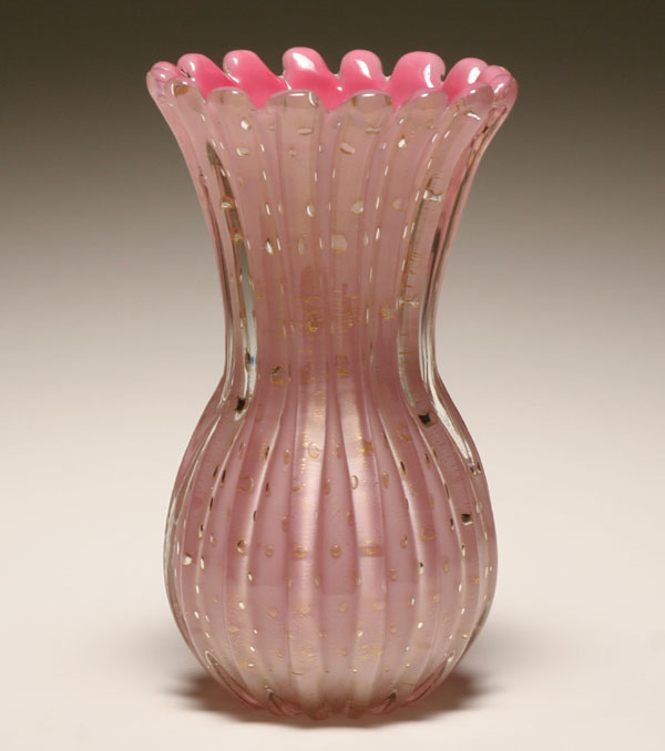Murano pink ribbed art glass vase 4f861