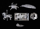 SILVER: SIX STERLING PINS: TURTLE; CAROUSEL