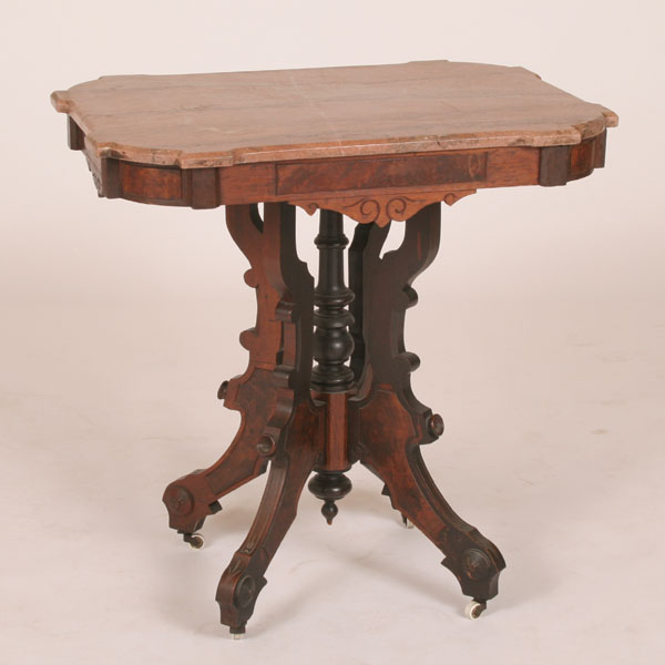 Victorian walnut marble top lamp table; burled