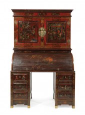 CHINESE PAINTED RED LACQUER SECRETARY