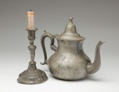 PEWTER CANDLESTICK AND TEAPOT. An 18th