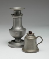 TWO PEWTER WHALE OIL LAMPS. First half-19th