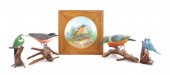 FIVE BIRD CARVINGS, INCLUDING ONE FRAMED