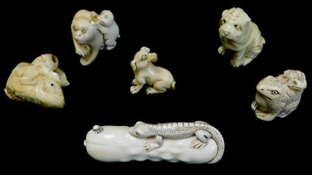 ASIAN: SIX CARVED IVORY AND RESIN