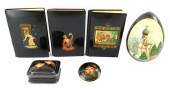 RUSSIAN HAND-PAINTED LACQUER, SIX PIECES,