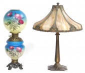 TWO TABLE LAMPS, ONE WITH SLAG GLASS