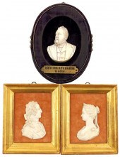 THREE FRAMED IVORY CARVED BUSTS IN PROFILE,