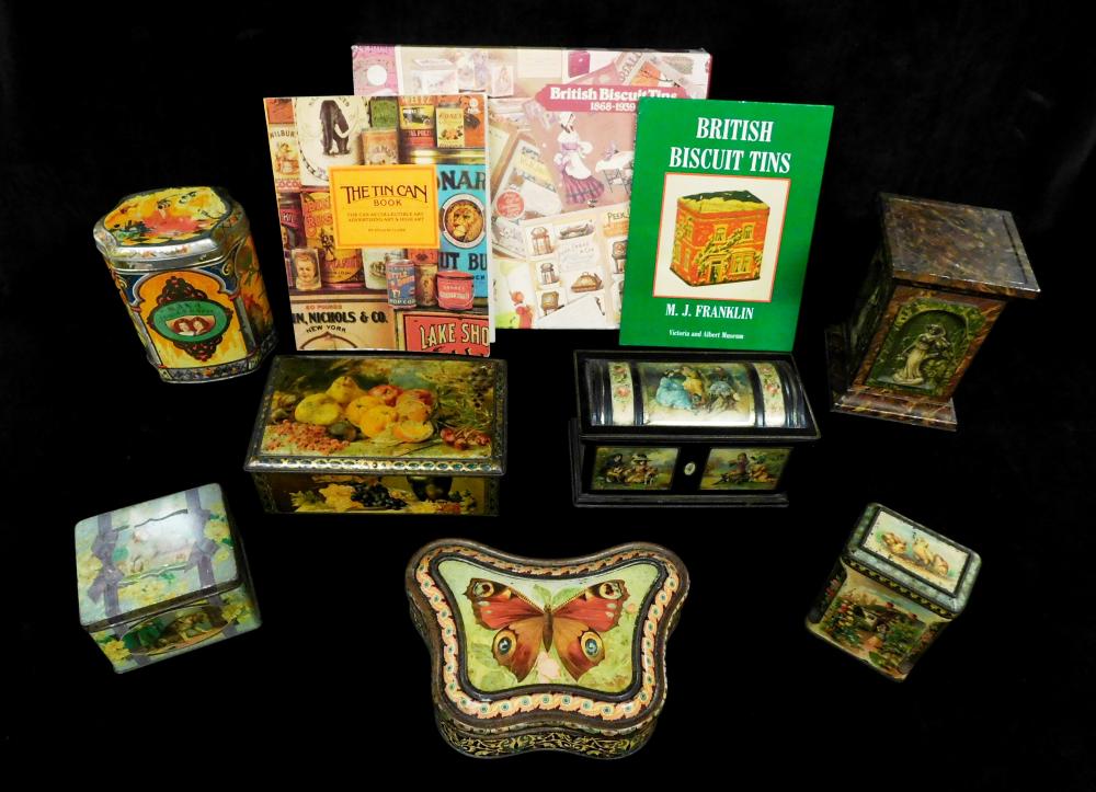 SEVEN BISCUIT TINS WITH THREE BOOKS  31dcea