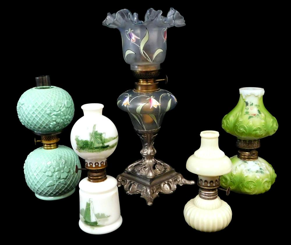 MINIATURE OIL LAMPS, ALL WITH GREEN