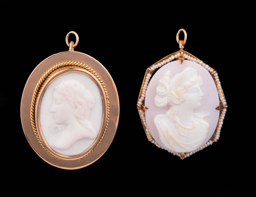 14 KT YELLOW GOLD AND CAMEO PENDANT BROOCHESTwo 31c057