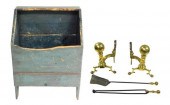 SET OF BRASS ANDIRONS AND A PAINTED