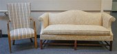 CHIPPENDALE STYLE MAHOGANY BEIGE UPHOLSTERED