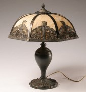 Slag glass lamp; urn-shaped base, eight