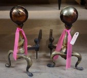 PAIR OF BRASS CANNON BALL ANDIRONSPair