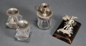 ENGLISH SILVER AND CUT-GLASS THREE-BOTTLE