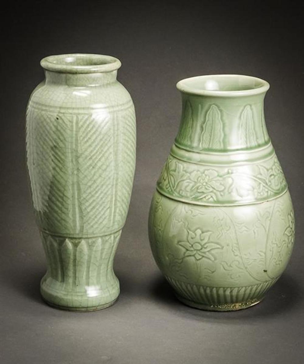 TWO CHINESE CARVED CELADON GLAZED 320d6b