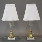 PAIR BRASS, GLASS AND MARBLE TABLE LAMPS,