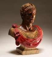 Hand carved wooden bust of Caesar; the
