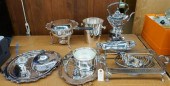 SILVER PLATE TEAPOT ON STAND, TRAYS,