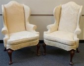 PAIR QUEEN ANNE STYLE MAHOGANY UPHOLSTERED