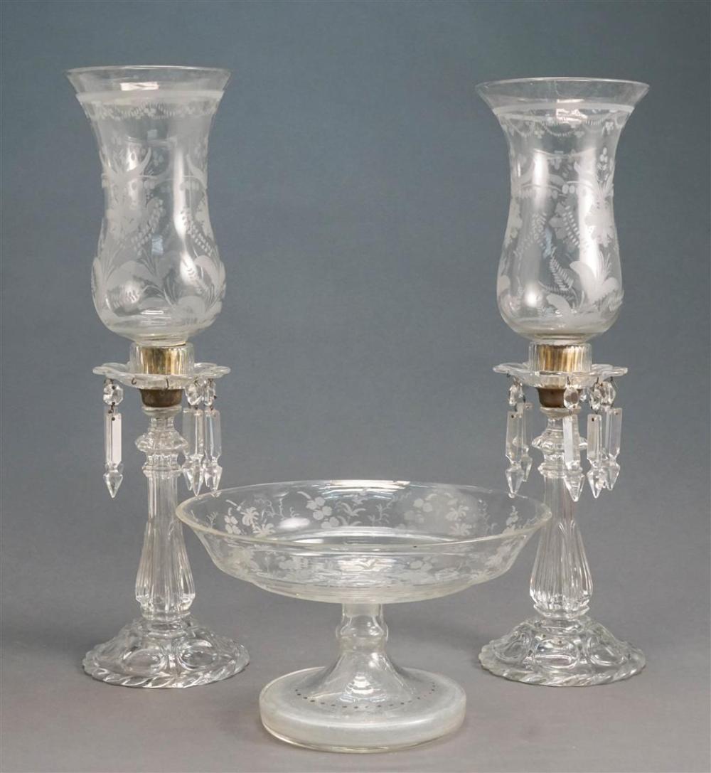 PAIR MOLDED GLASS BASE ETCHED HURRICANE 326edf