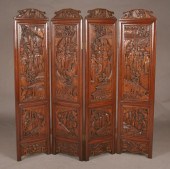 Oriental screen; four heavily carved