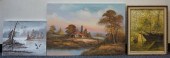 THREE PAINTINGS ON CANVAS: BUCOLIC LANDSCAPE