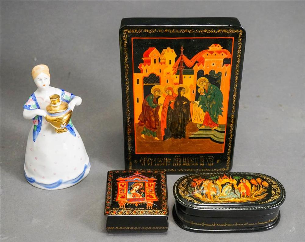 THREE RUSSIAN LACQUERED BOXES AND