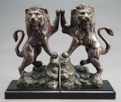PAIR PATINATED METAL LION BOOKENDS,