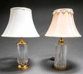 TWO CRYSTAL AND BRASS TABLE LAMPS, H: