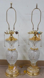 PAIR OF PRESSED GLASS AND BRASS TABLE